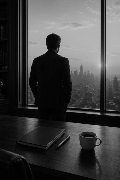 Empresário observando a cidade pela janela